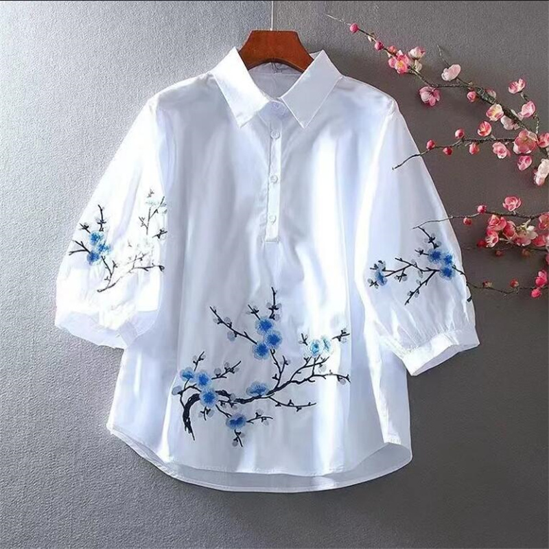 Embroidery Cotton Shirt - White Embroidered Shirt Women Blouse Pure