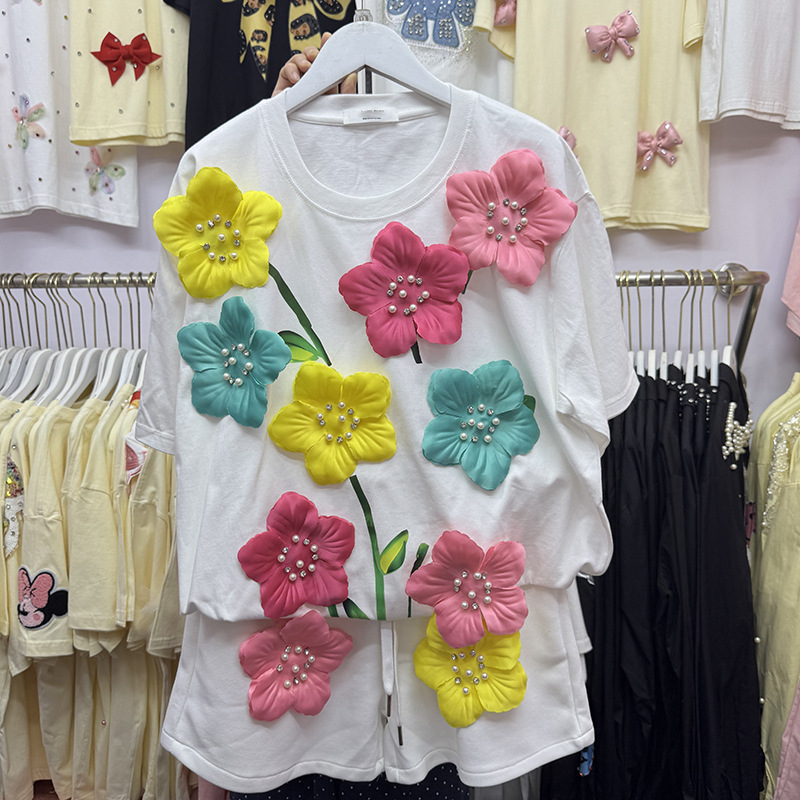Summer Colorful 3D Flowers T-s - Embroidery Cotton Shirt ulasan dan harga
