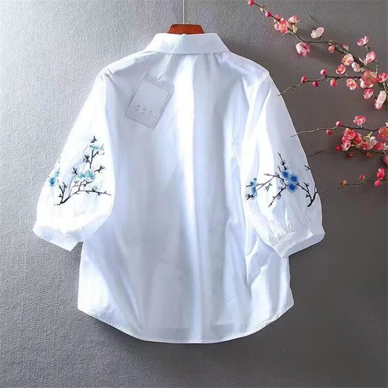 White Embroidered Shirt Women  - Embroidery Cotton Shirt ulasan dan harga