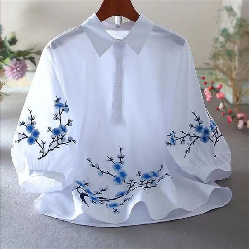 White Embroidered Shirt Women  - Embroidery Cotton Shirt ulasan dan harga